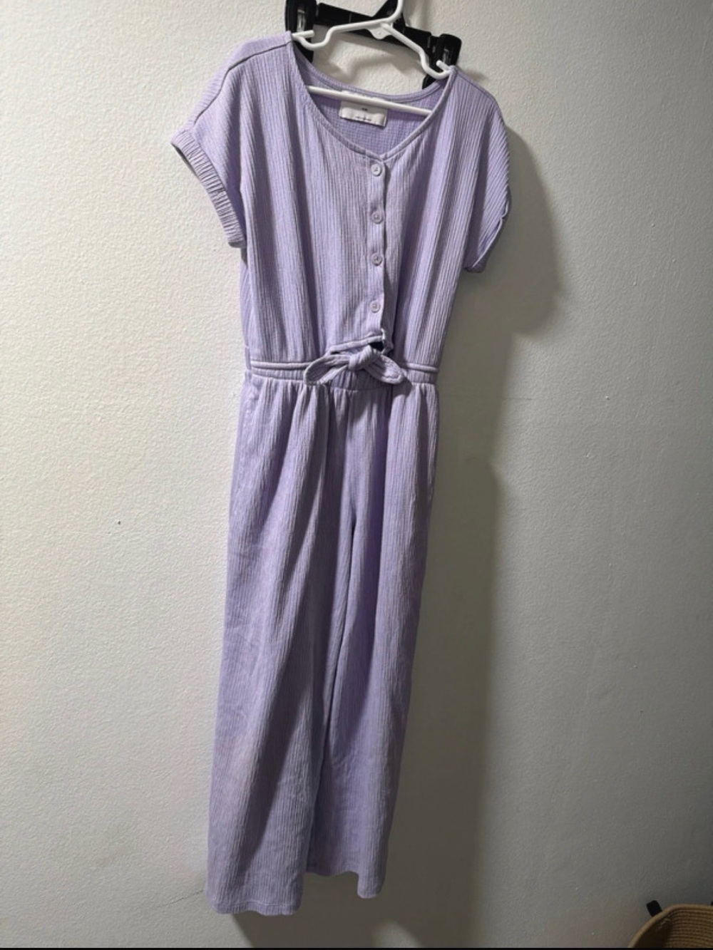Old Navy Lilac Ribbed Short-Sleeve Jumpsuit with Waist Tie